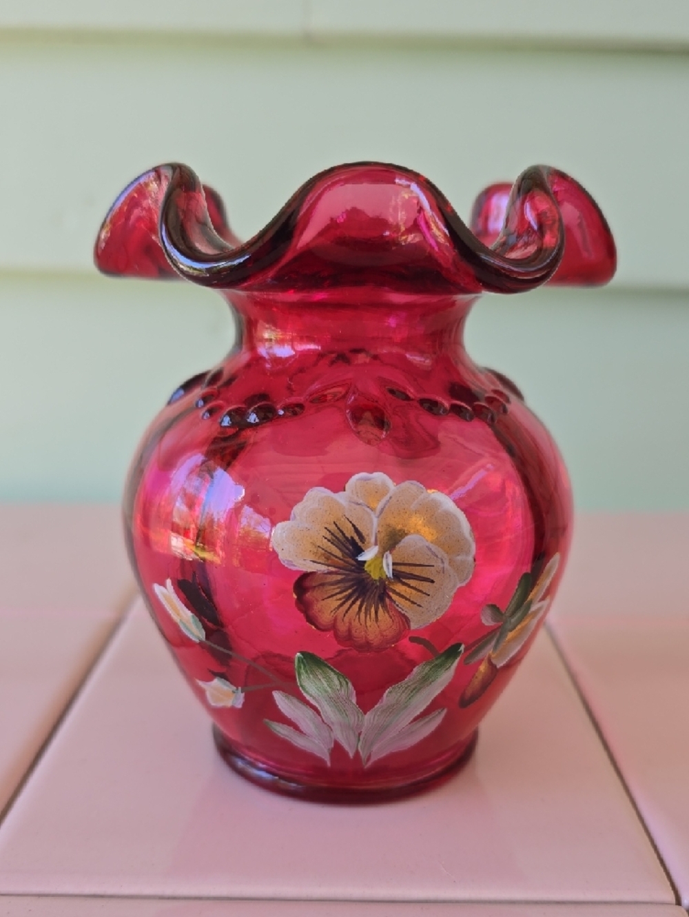 Fenton Cranberry Red Ruffled Vase and Basket Set with Hand-Painted Pansies - Picture 2 of 8